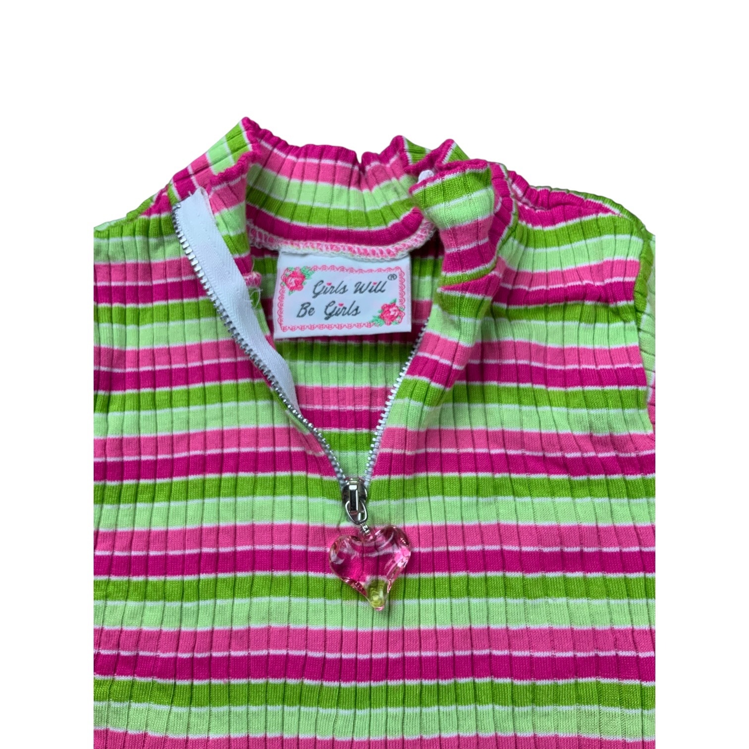 Girls Will Be Girls Y2k Ribbed Stripe Heart Zip Top Pink Green Usa Medium 10-12 — image 2 of 4